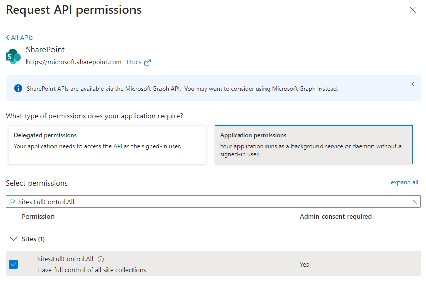 requestApiPermissionSharePointSitesFullControl